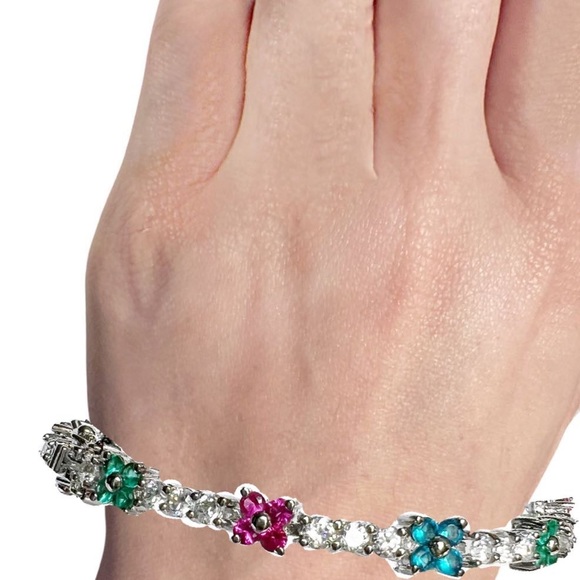 FANCY 10K White Gold Plated Pink Green Blue Flowers Crystal Tennis Bracelet - Picture 9 of 10